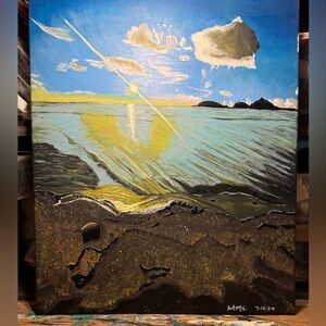 Blue and Yellow Coastal Impressionist Painting